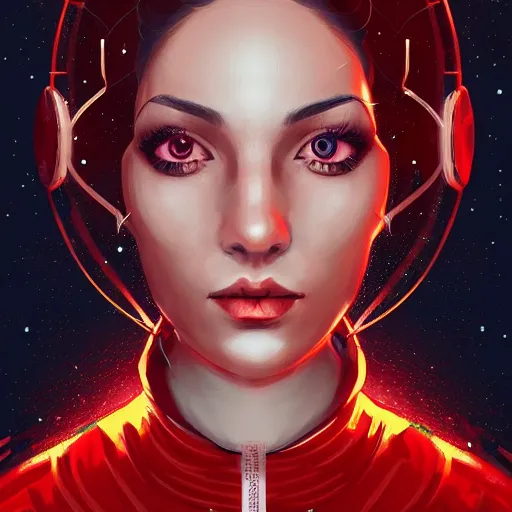 Prompt: Portrait of very very very very very very beautiful woman, spacesuit, red eyes, intricate, elegant, highly detailed, digital painting, artstation, concept art, smooth, sharp focus, illustration