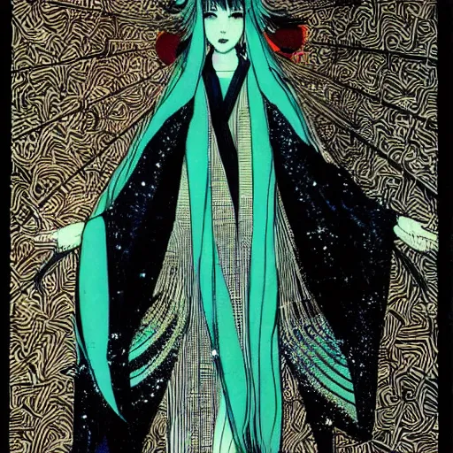 Image similar to hatsune miku, artwork by Harry Clarke