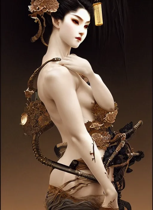 Image similar to soft and lustrous ivory ebony geisha organic cyborg, diffuse lighting, fantasy, intricate, elegant, highly detailed, lifelike, photorealistic, digital painting, artstation, illustration, concept art, smooth, sharp focus, art by john collier and albert aublet and krenz cushart and artem demura and alphonse mucha