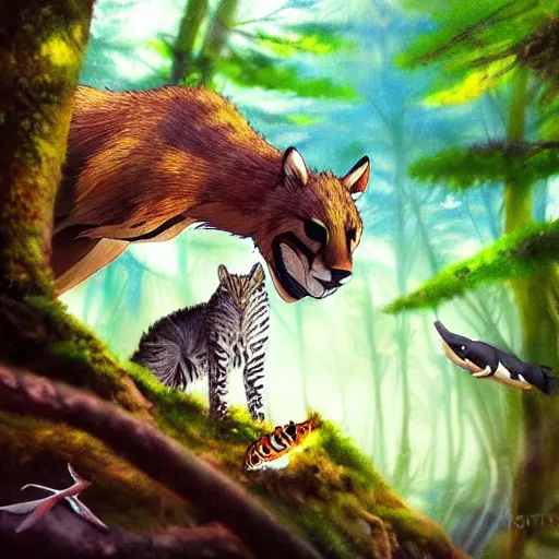 Prompt: animal life in the forest, river stream, predators and prey, vivid colors, realistic photo, environmental lighting, award - winning masterpiece photograph, cinematic view, studio ghibli, artgerm, high detail