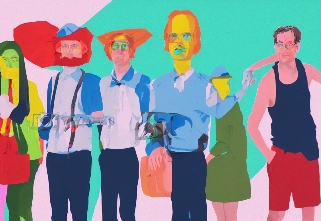 Image similar to full body portrait of a trio of european tourists with nikon cameras, character designs painting, in the style of wes anderson, rene magritte, lola dupre, david hockney, isolated on white background, dark monochrome neon spraypaint accents volumetric octane render