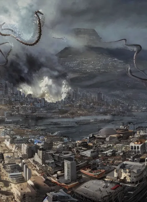 Image similar to hyper realistic squid shaped robot attacking cape town city, table mountain explosions, atmospheric beautiful details, strong composition drawn in ink by kim jung giu weta studio rutkowski, james gurney and greg rutkowski, and lucasfilm