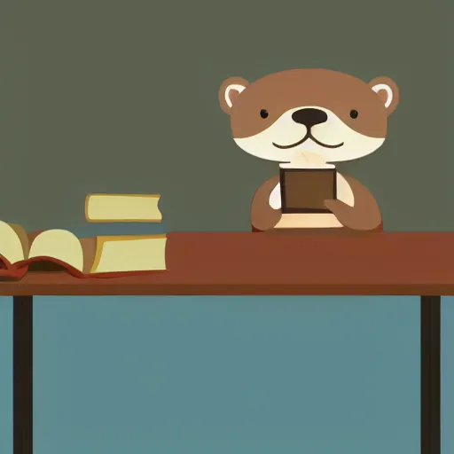 Image similar to a cute otter reading a book at a school desk, hyperrealistic, dynamic lighting