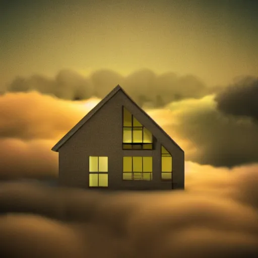 Prompt: 3D render of a house above clouds, surreal style