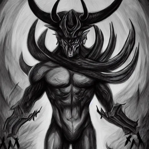 Prompt: full body grayscale drawing by Anato Finnstark of horned demon in heroic pose, swirling flames