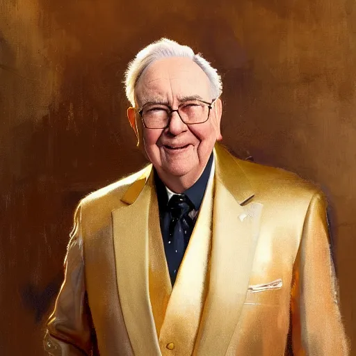 Image similar to detailed realistic cinematic wide shot of beautiful attractive young warren buffet hybrid bear tech man wearing gold suit robe slim face symettrical face clean skin black eyes black robe smooth, sharp focus, ultra realistic, spring light, painting by gaston bussiere, craig mullins, j. c. leyendecker