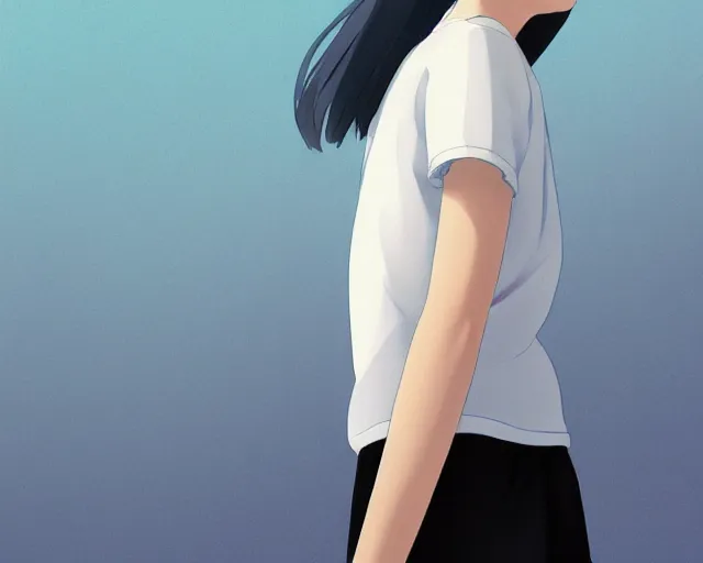 Image similar to teen looking at blue sky, wearing white shirt, back turned, looking up, illustration, by pine ( ハイネ ) and 薯 子 imoko and 香 川 悠 作 and wlop and maya takamura, highly detailed, trending artstation, pixiv, digital art