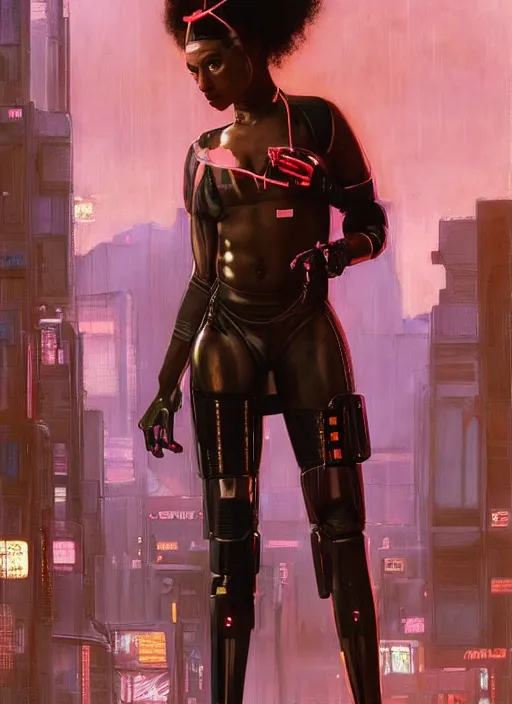 Prompt: Ariana Igwe. Buff Cyberpunk policewoman with robotic legs. Patrolling rainy streets. (Cyberpunk 2077, bladerunner 2049). Gorgeous face. Iranian orientalist portrait by john william waterhouse and Edwin Longsden Long and Theodore Ralli and Nasreddine Dinet, oil on canvas. Cinematic, vivid colors, hyper realism, realistic proportions, dramatic lighting, high detail 4k