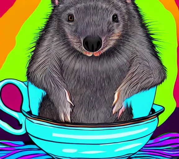 Prompt: awesome colourful digital painting of a wombat sipping a cup of tea