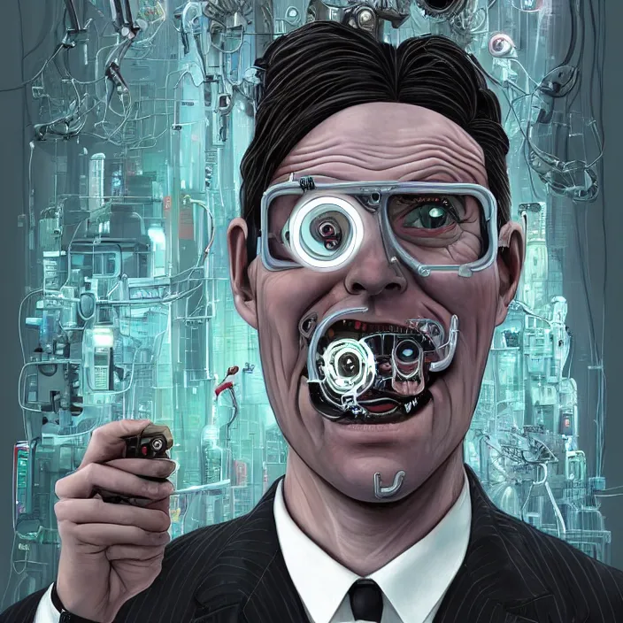 Image similar to A portrait of one! chilean mad scientist male with cyborg face looking at the camera with a queasy smile!!, wearing a black suit under a white! laboratory coat, in a mixed style of Botticelli and Æon Flux!!, inspired by Simon Stålenhag paintings, and cyberpunk!!!, stunningly detailed, stunning inking lines, flat colors, 4K photorealistic