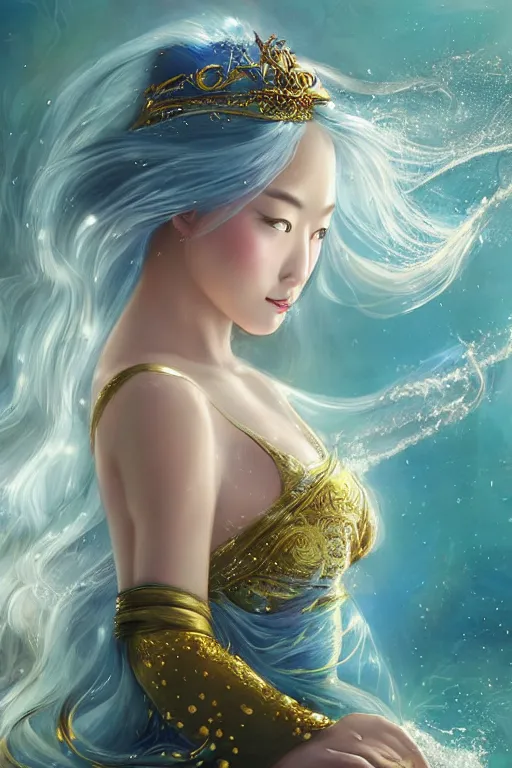 Image similar to a beautiful young asian woman, Queen of the Sea Mu Yanling, long flowing white hair, blue yellow robe with wide feather like quality, water flowing and floating around, young female face, liquid magic, cinematic top lighting, insanely detailed and intricate, face by wlop, Charlie Bowater, golden ratio, symmetric, elegant, ornate, luxury, elite, matte painting, MTG, magic the gatheing, cinematic, cgsociety, 8k, high resolution,