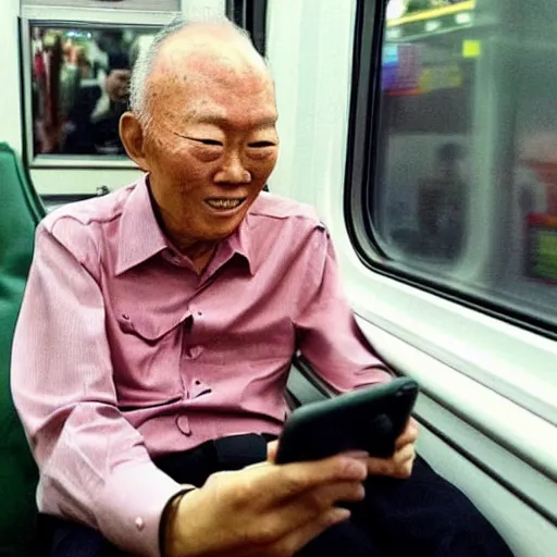 Image similar to candid photo of Lee Kuan Yew squinting disapprovingly at his phone while riding the train