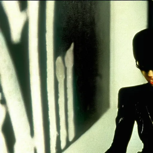 Image similar to still from old 80\'s movie Matrix (1982) actress playing Agent Smith