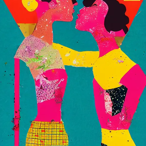 Image similar to two women kissing at a carnival, mixed media collage, retro, paper collage, magazine collage, acrylic paint splatters, retro psychedelia,