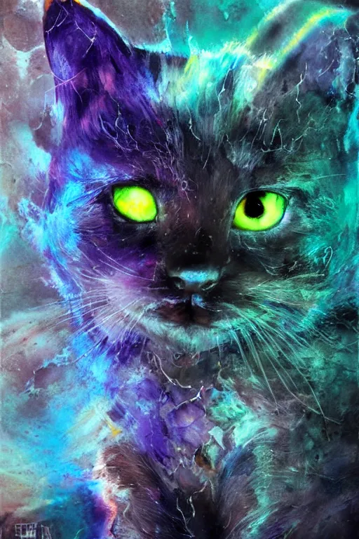 Image similar to ink acid shadow kitten, painted by erol otus and david thierree and dan adkins and john berkey, trending on artstation, volumetric lighting macro view muted colors, iridescent colors, dark academia, symbolism, brushwork