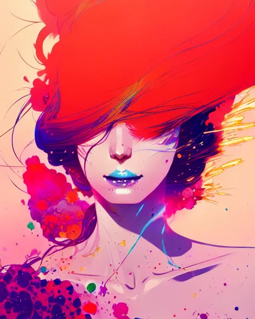 Image similar to a ultradetailed beautiful panting of a woman with a colorful explosion coming out of her hair, by conrad roset, greg rutkowski and makoto shinkai, trending on artstation