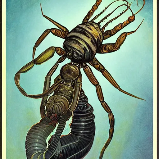 Prompt: diagram of blind isopod with three scorpion tail tentacles curled in a large human hand, science fiction concept art by Anato Finnstark, Alphonse Mucha, and Greg Rutkowski