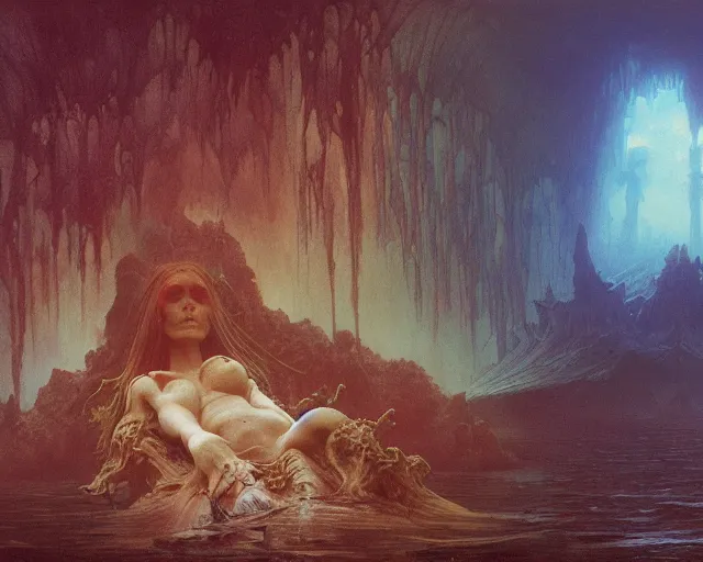 Image similar to the first sight after death, underwater scene, painted by zdzislaw beksinski and artgerm and greg rutkowski and alphonse mucha and rene laloux