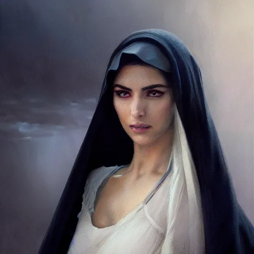 Image similar to a Photorealistic dramatic hyperrealistic render of an arab ameera al taweel, blue eyes, black hair, white veil,by WLOP,Artgerm,Greg Rutkowski,Alphonse Mucha, Beautiful dynamic dramatic dark moody lighting,shadows,cinematic atmosphere,Artstation,concept design art,Octane render,8K