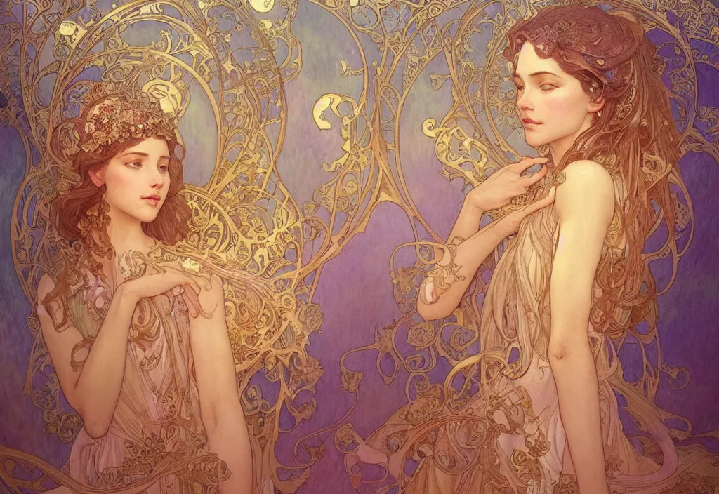 Image similar to an angel, highly detailed, very intricate, art nouveau, gold filigree, romantic storybook fantasy, soft cinematic lighting, award - winning, disney concept art watercolor illustration by mandy jurgens and alphonse mucha and alena aenami, pastel color palette, featured on artstation