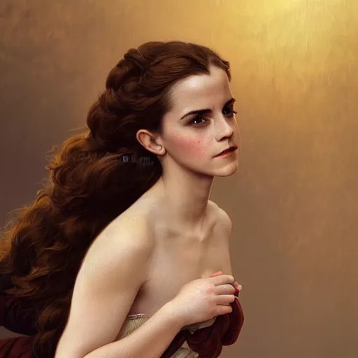 Image similar to Emma Watson of medieval art, medium shot, intricate, elegant, highly detailed, digital painting, volumetric light, artstation, concept art, smooth, sharp focus, illustration, art by Gil Elvgren and Greg Rutkowski and Alphonse Mucha, 8K