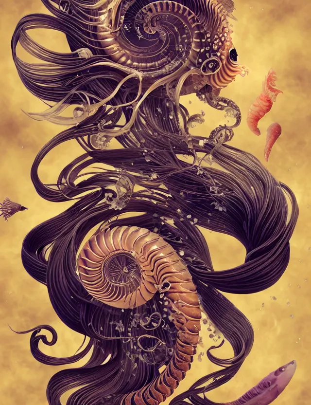 Image similar to 3 d goddess nautilus half - turn portrait with long hair with ram skull. beautiful intricately detailed japanese crow kitsune mask and clasical japanese kimono. betta fish, jellyfish phoenix, bio luminescent, plasma, ice, water, wind, creature, artwork by tooth wu and wlop and beeple and greg rutkowski