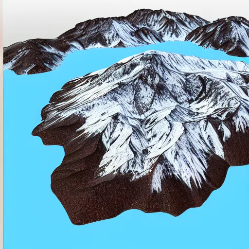 Prompt: an ultra wide view of a highly contrasted mountain , lava, ice, isometric, detailed,