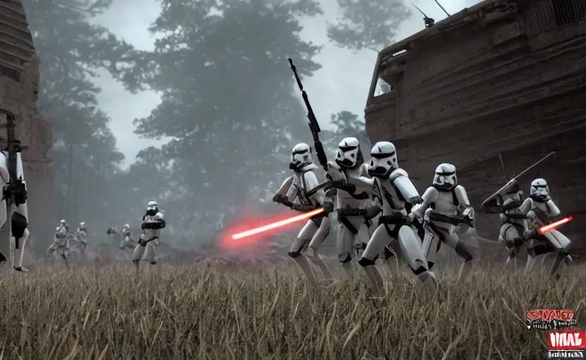 Prompt: found footage of the clone wars in the battlefield, neon star wars, film grain, dark lighting, realistic, photograph, silent hill style, detailed cinematic lighting