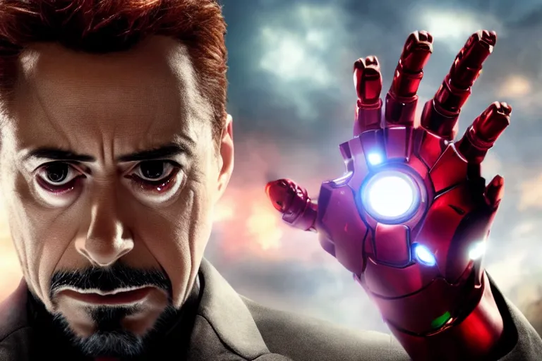 Prompt: film still of zombie Tony Stark in new avengers movie, 4k
