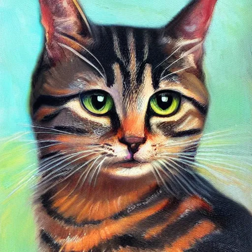 Image similar to tabby cat in front of a dark background, oil paining, highly realistic, romantic style