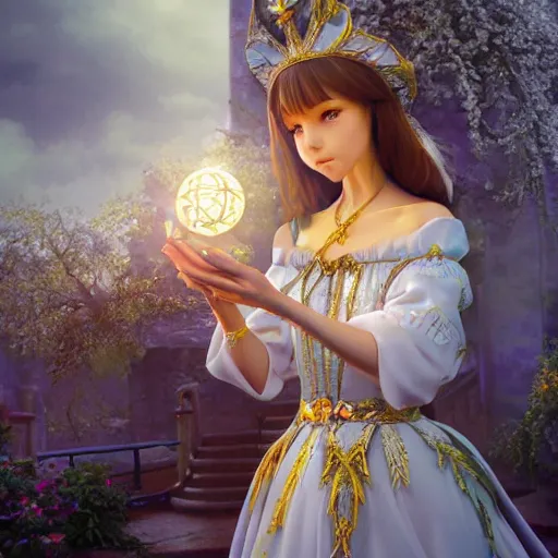 Image similar to a very detailed, ultra-realistic, pleasant, beautiful, funny, smooth 3D CG render, semirealistic anime style, close-up of a gorgeous, cute, gentle, noble priestess magician princess girl wearing dress and jewelry, in a glorious magic kingdom with castle and walls, relaxing calm vibes, fairytale, octane render