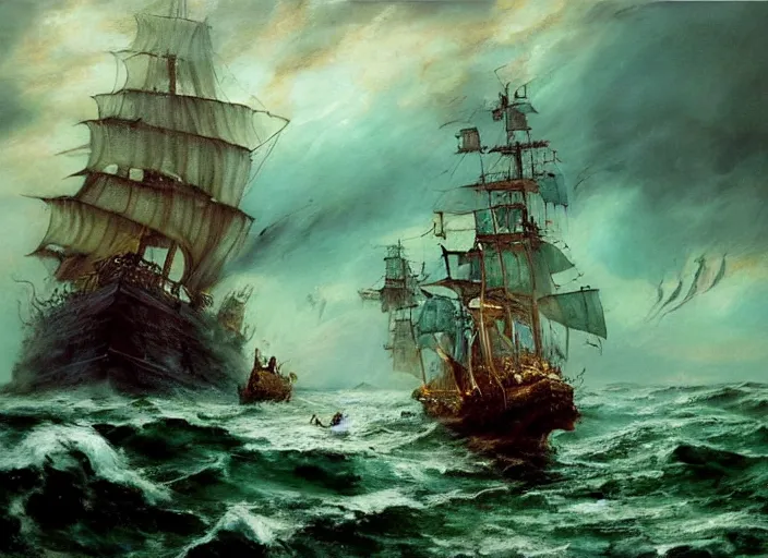 Prompt: Beautiful oil painting of Davy Jones on the Flying Dutchman ship by Titian and Chie Yoshii, portrait, Pirates of the Caribbean, intricate, face, elegant, light green mist, ocean, storm, sea spray, tentacles, Dead Man's Chest, At World's End, highly detailed, dramatic lighting, sharp focus, trending on artstation, artstationHD, artstationHQ, unreal engine, 4k, 8k