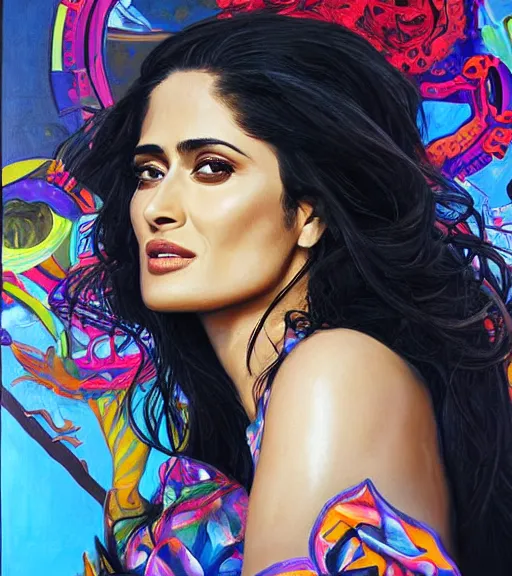 Image similar to beautiful painting of salma hayek by dariusz zawadski, contemporary, creepy, colorful acrylic, realistic portrait by kehinde wiley and archan nair