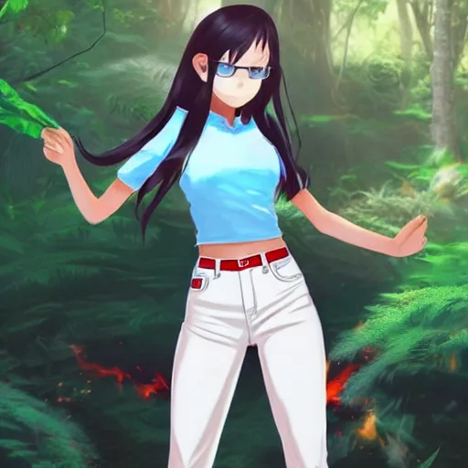 Image similar to real nagatoro using white and red tight raglan sleeves, tight blue jeans and cool shoes in a tropical forest, epic hair glowy fire flames, artstation, 3 d ray tracing, lumen, octane render flawless masterpiece concept art professionally post processed by wlop