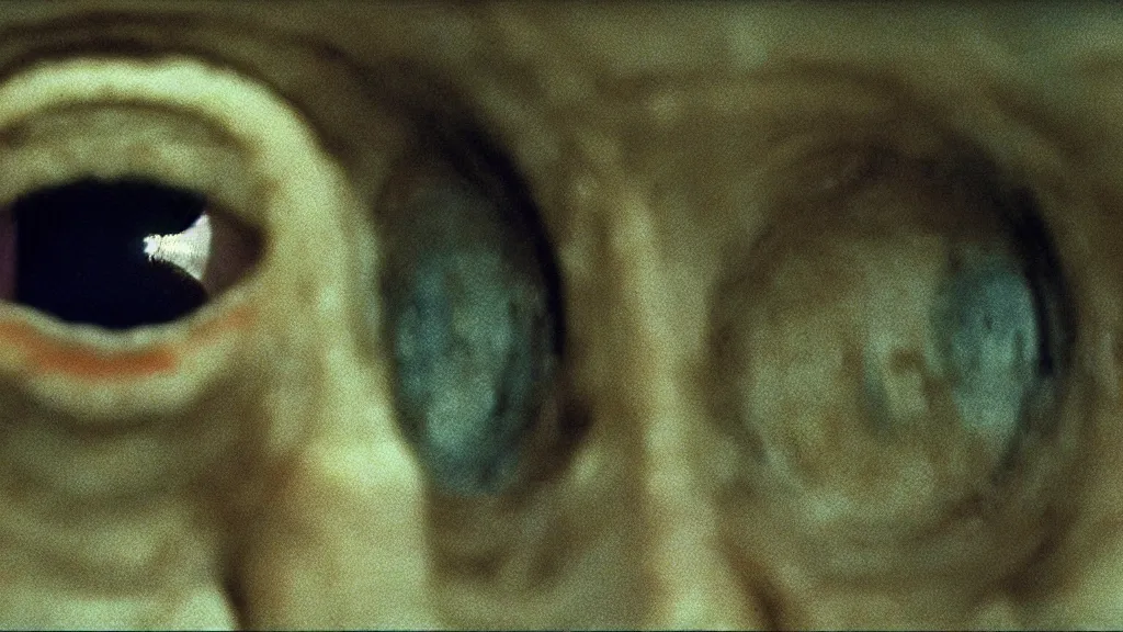 Image similar to the strange creature from my eye, we ait in line at the bank, film still from the movie directed by denis villeneuve and david cronenberg with art direction by salvador dali and zdzisław beksinski, wide lens