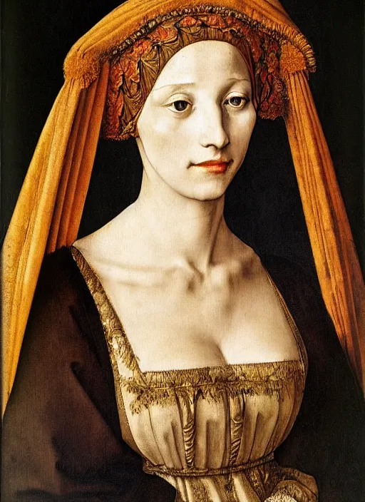 Image similar to portrait of young woman in renaissance dress and renaissance headdress, art by albrecht durer