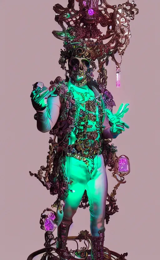 Image similar to a young handsome latino ceramic and pink iron-plated android prince with a large glowing mint crystal in the center of his chest, full-body bronze cyberpunk style statue of Andromeda with glowing green laser eyes, crown of mechanical chrysanthemums, flowing aqua silk, fabric, steampunk flowers. baroque elements, human skull. full-length view. baroque element. intricate artwork by caravaggio. many flying horses on background. Trending on artstation, octane render, cinematic lighting from the right, hyper realism, octane render, 8k, depth of field, 3D