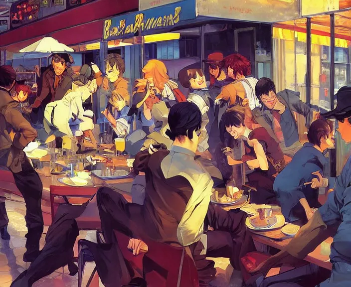 Prompt: a scene of bandits raiding a 6 0 s diner, by shigenori soejima, by frank frazetta, by thomas kinkade, by ilya kuvshinov, digital painting masterpiece, beautiful brush strokes, advanced lighting technology, symmetry!!!, accurate and realistic faces and anatomy