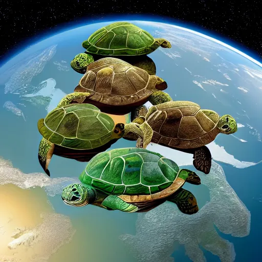 Image similar to a stack of turtles in space beneath a globe of the earth, earth globe on top