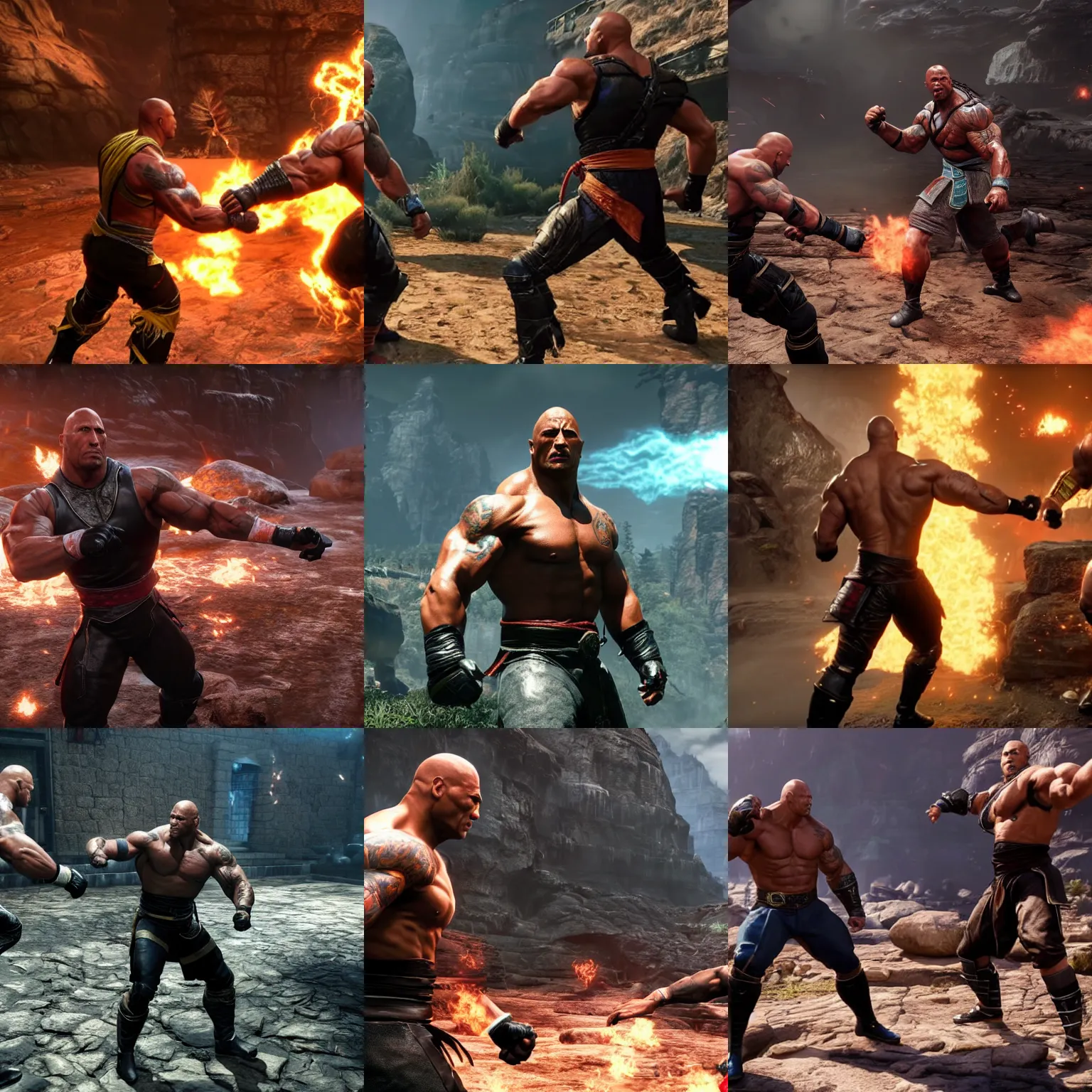 Prompt: gameplay screenshot of dwayne johnson fighting in mortal kombat 1 1,
