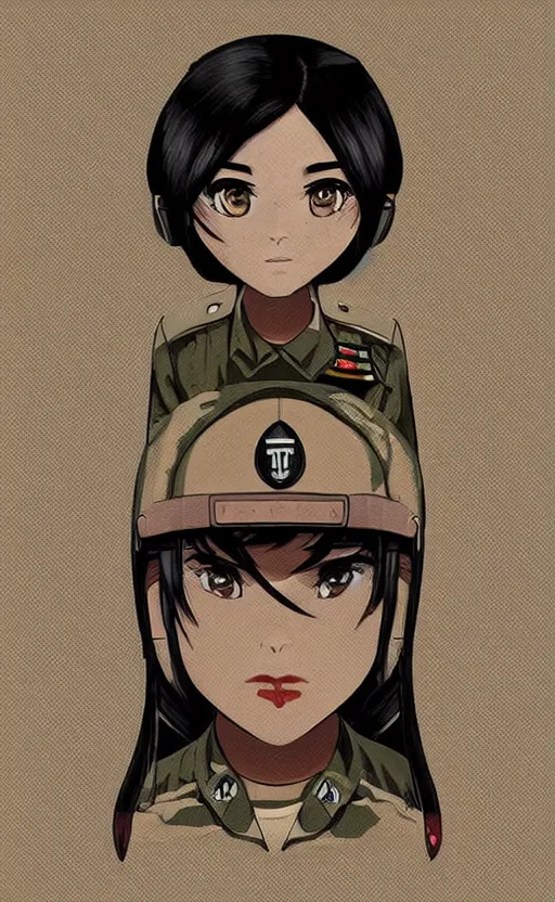 Prompt: T-shirt design, portrait of soldier girl, 2022 anime style, clean logo, graphic templates, flight squadron insignia, vintage saturation, soldier clothing, realistic military gear, inspired by shirt designer, made in blender, round background, vector line art, by ilya kuvshinov, trending on teemill, symbology, realistic human anatomy, high resolution, matte, empty hands, realistic military carrier