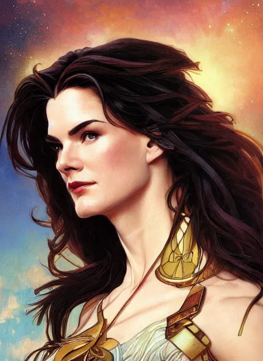 Image similar to a painting of terry farrell as jadzia dax. beautiful art by artgerm and greg rutkowski and alphonse mucha