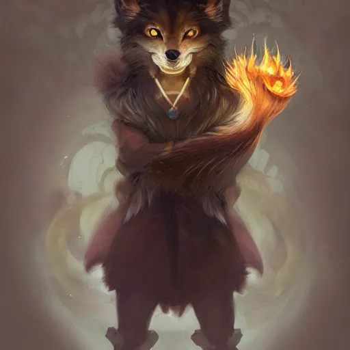 Image similar to male kitsune furry with dark fur, carries a tome, surrounded by floating fire orbs, shortsword, charismatic, young, dark clothing, elegant, digital illustration, detailed, intricate, sharp focus, digital painting, deep focus, digital painting, artstation, concept art, matte, art by artgerm and greg rutkowski and alphonse mucha