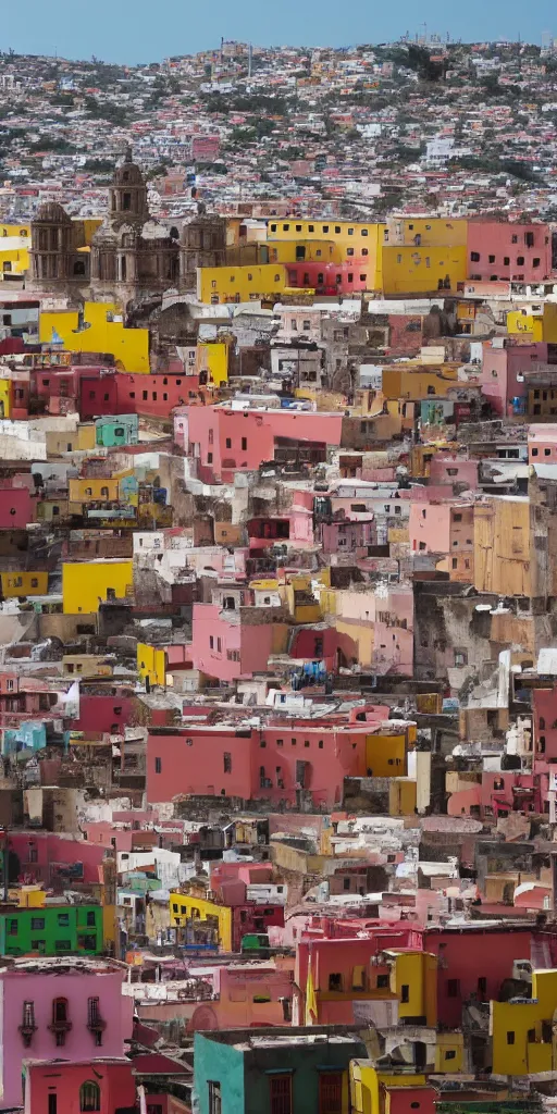 Image similar to window in foreground, guanajuato city in background, by wes anderson