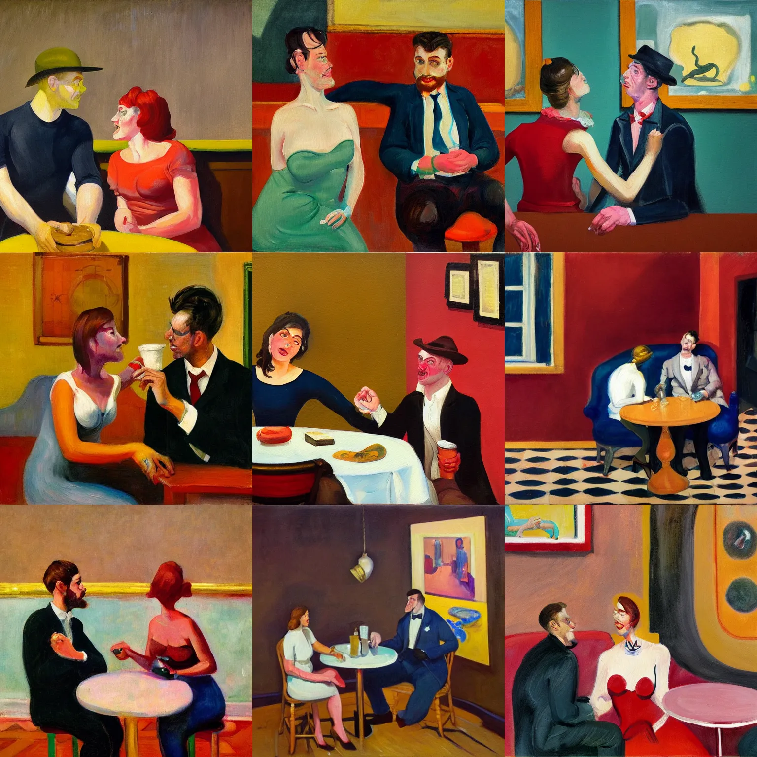 Prompt: an excited couple redefining love of bull runs in a snake oil caffe surrounded by pie charts, expressionist painting by Francis Bacon and Edward Hopper, artstation