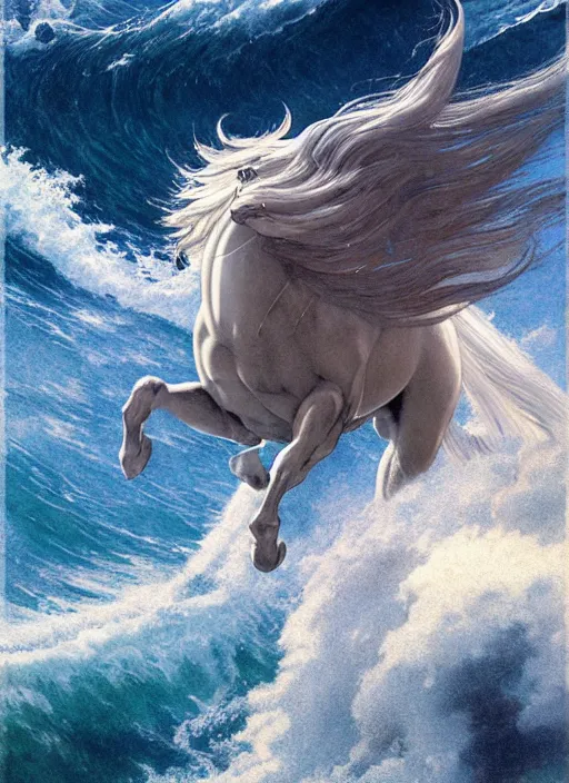 Prompt: pegasus running through ocean wave, exquisite details, denoised, mid view, byi by alan lee, norman rockwell, makoto shinkai, kim jung giu, poster art, game art