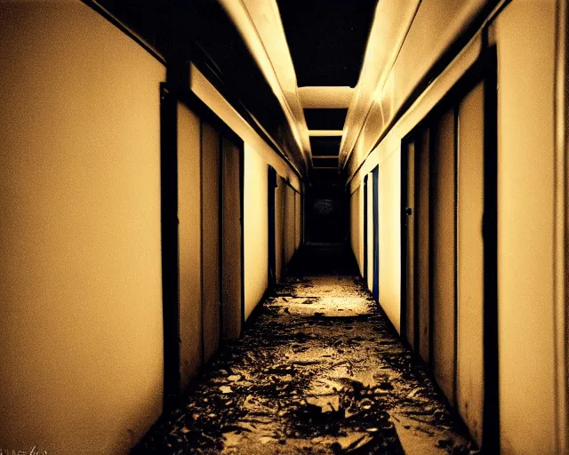 Prompt: dark abandoned hallway at night, bright eyes in shadows, letterboxing, widescreen, 40mm tape, technicolour film,