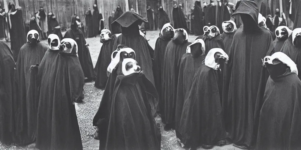 Prompt: black robed and hooded plague doctors in a circle calling forth satan, old film, 35mm film, found film, scary, ominous, frightening, ghastly, photorealistic