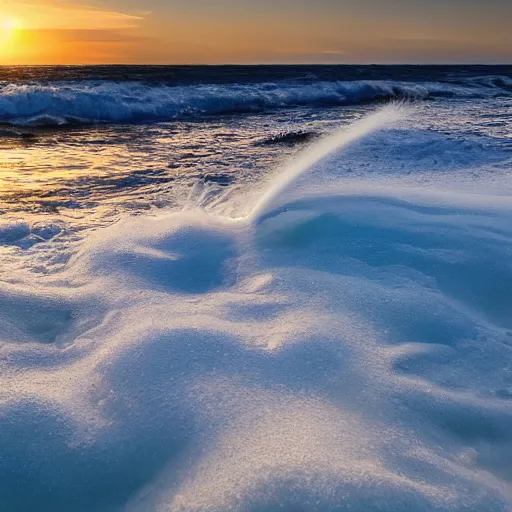 Prompt: captured image of a sun-dog, ocean, white sand, crashing surf (foam, rocks), tranquil, calming, nostalgic