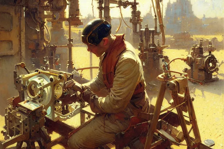 Image similar to male repairing machine, dieselpunk, painting by gaston bussiere, craig mullins, j. c. leyendecker